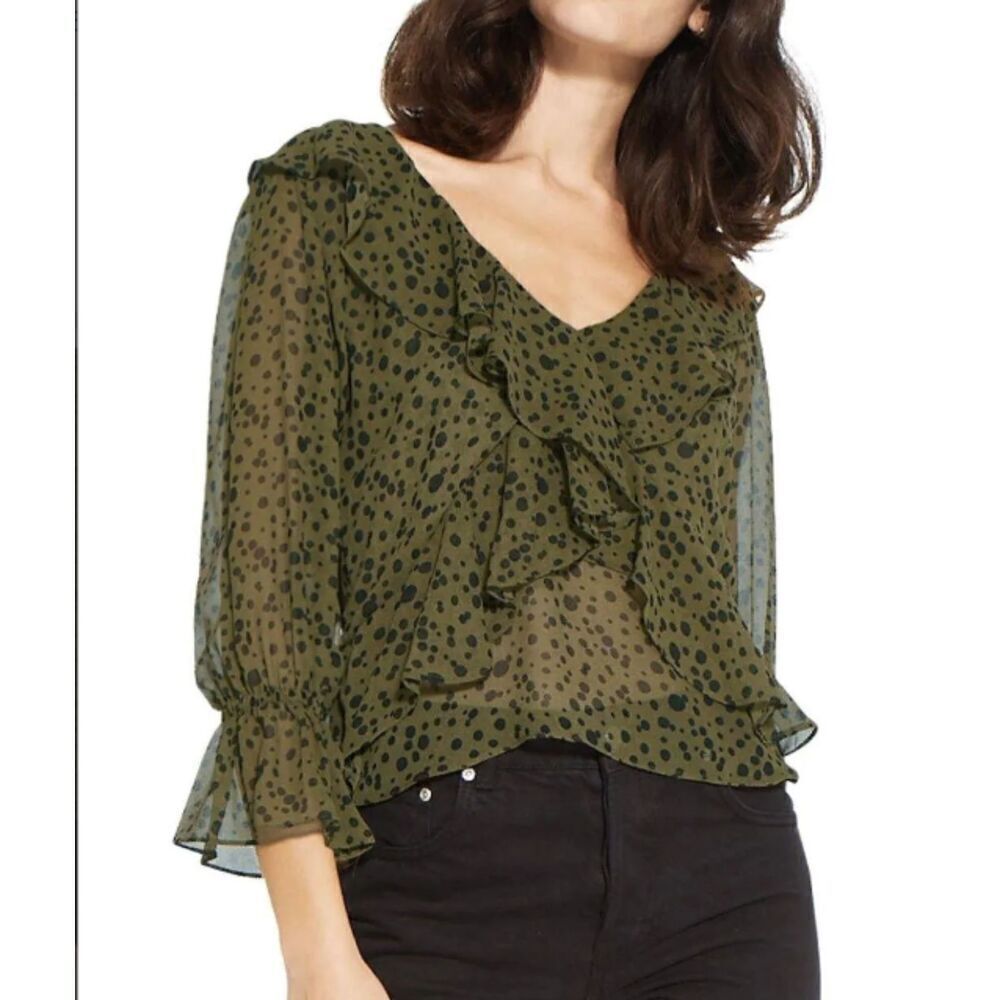 MISA Los Angeles Lilyanna Ruffle Top Sheer V-Neck and Back Olive / Black Size XS